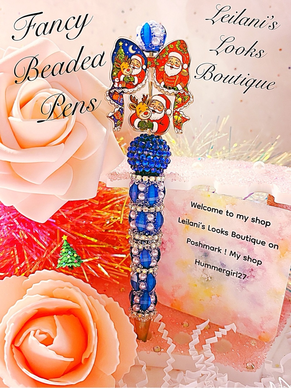 Fancy Beaded Pens
Blue & silver beaded pen with a festive design featuring Santa